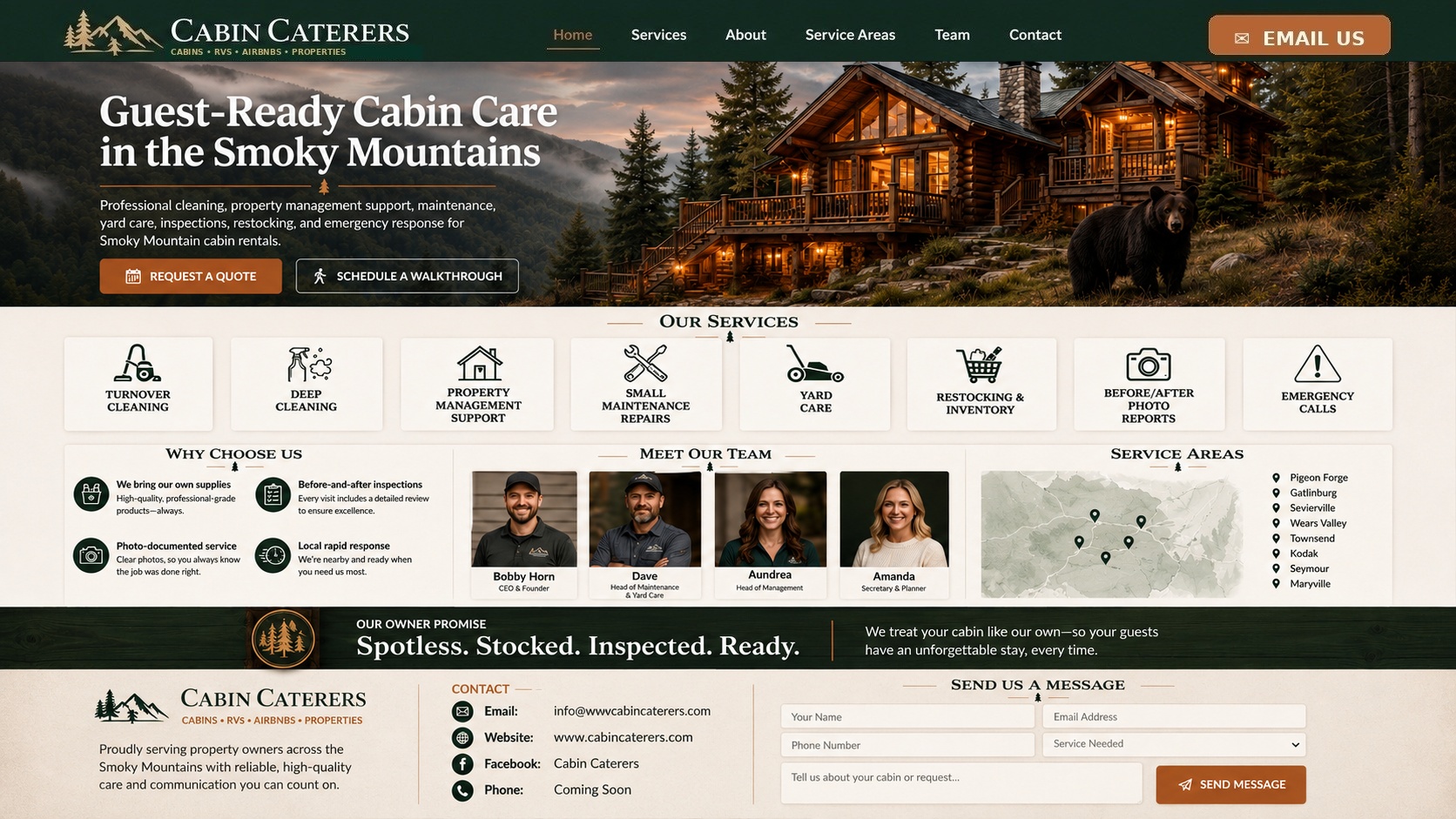 Cabin Caterers homepage showing Smoky Mountain cabin services, team, service areas and contact form.